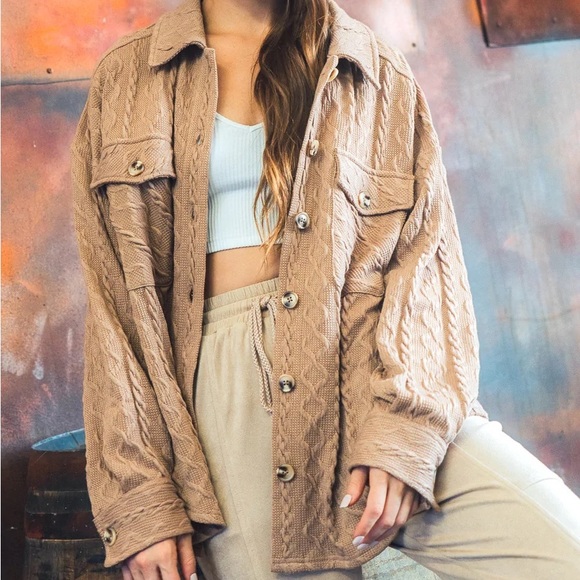 NWT Very J Mocha Cable Knit Button Down Shacket Jacket - Picture 3 of 4